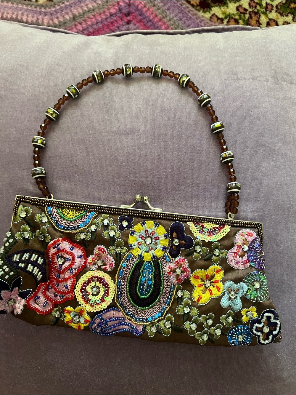 La Regale Brown Embroidered Floral Beaded-Handle Shoulder Bag